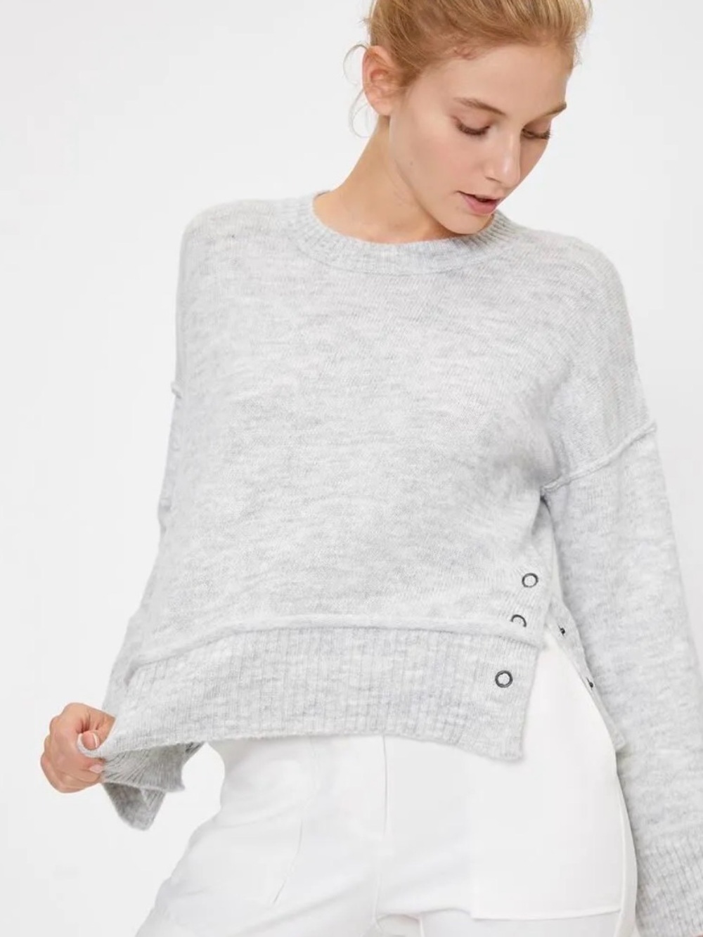 VICI/Very J Heather Grey Side Snap Button Crewneck Sweater Oversized